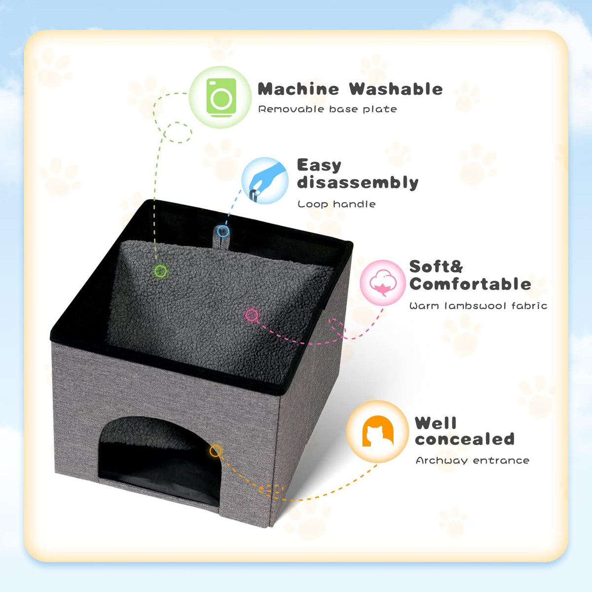Bonlife Cat House Ottoman,Folding Cat Cave Beds for Indoor Cats,Winter Pet Kennel with Washable Pad,Footstool Seat with Lid,40x40x40cm,Grey