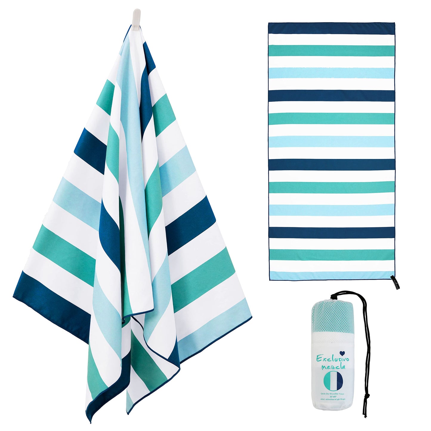 Exclusivo Mezcla Microfiber Quick Dry Beach Towel, Oversized Sand Free Beach Towel for Travel/Camping/Sports (Striped Green, 88x178 CM - Super