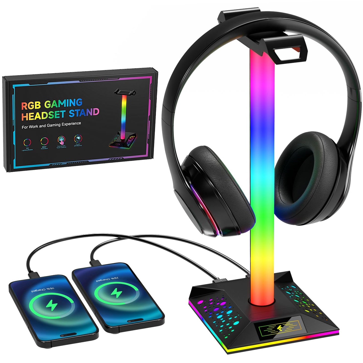 Hcman Headphone Stand Gaming Headset Holder RGB PC Gaming Accessories for Desk, Cool LED Headset Stand with 2 USB Charger for Gamer