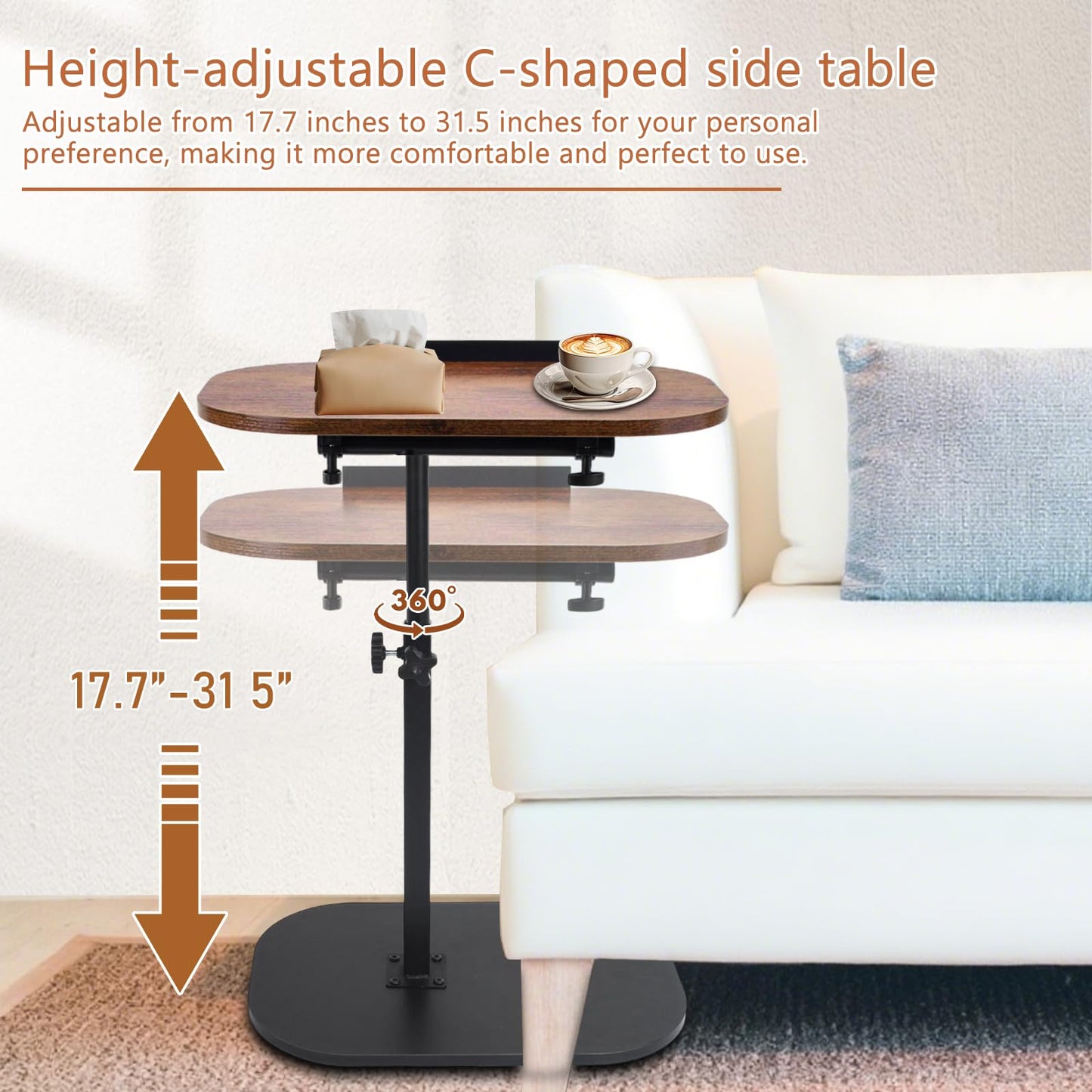 Kiss Me Adjustable Height C-Shape Side Table 360° Swivel Detachable Baffle