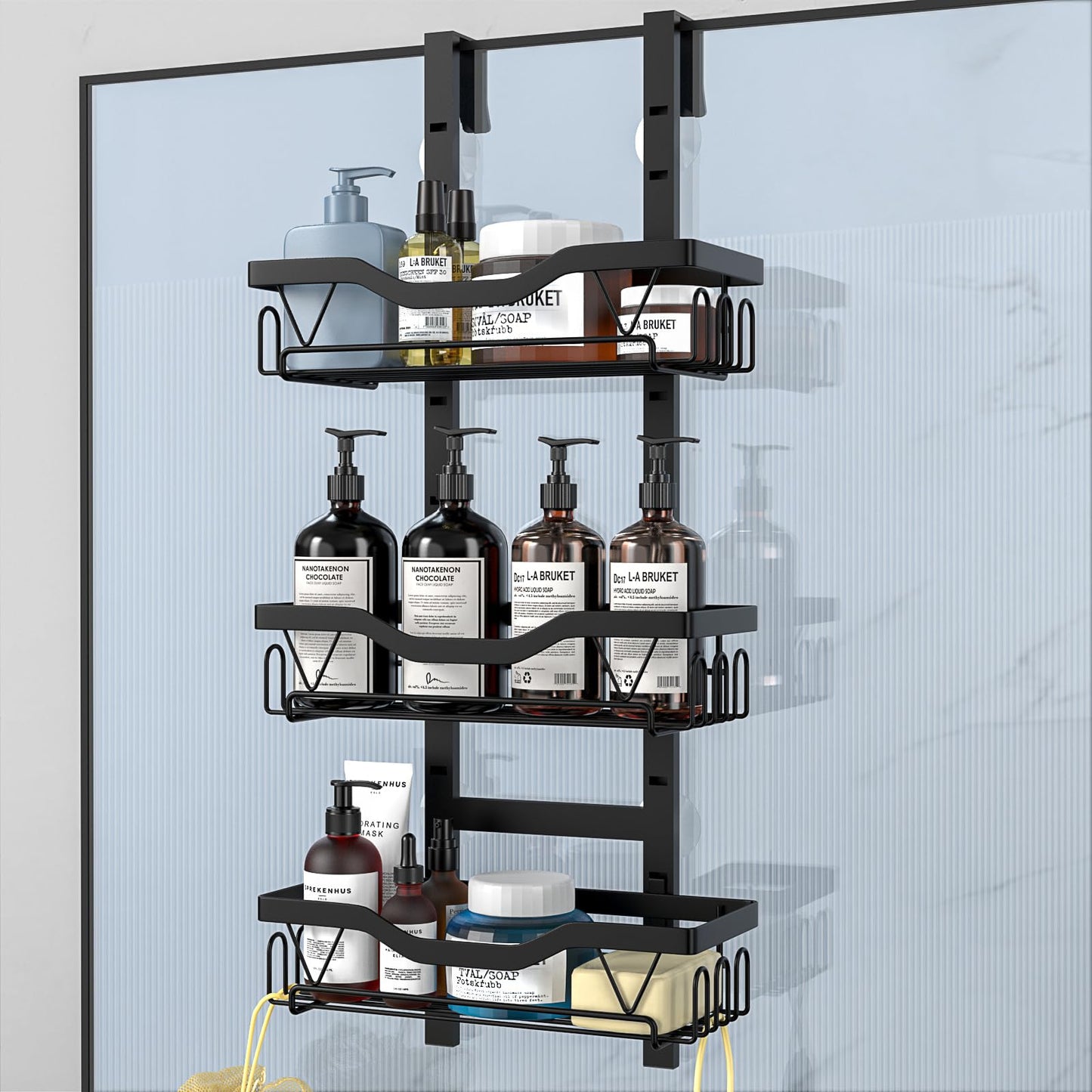 UUlioyer Hanging Shower Caddy, Over Door Shower Shelf 3 Layers, Bathroom Shelves No Drilling (Black - 3 layers)