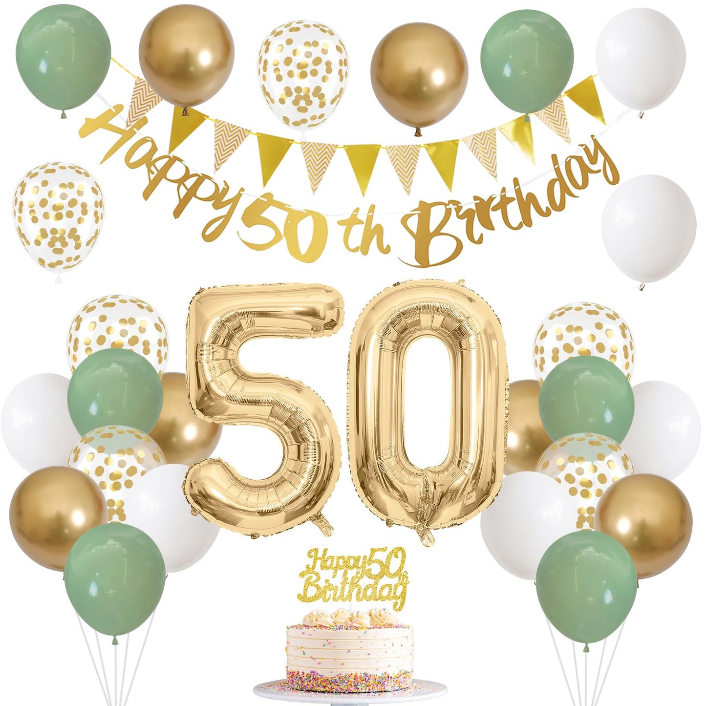 50th Birthday Decorations for Men Women, Sage Green White Gold Balloons 50th Banner Cake Decoration Number 50 Balloon for 50 Year Old Birthday Party