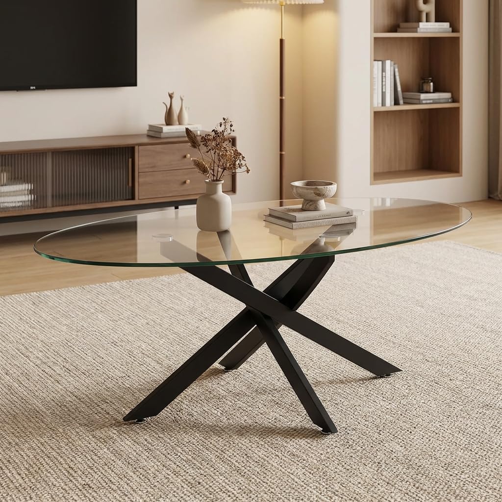 NIERN Glass Coffee Table Oval with Black Metal Legs, 100cm Glass Top, Modern Contemporary Design (Black)