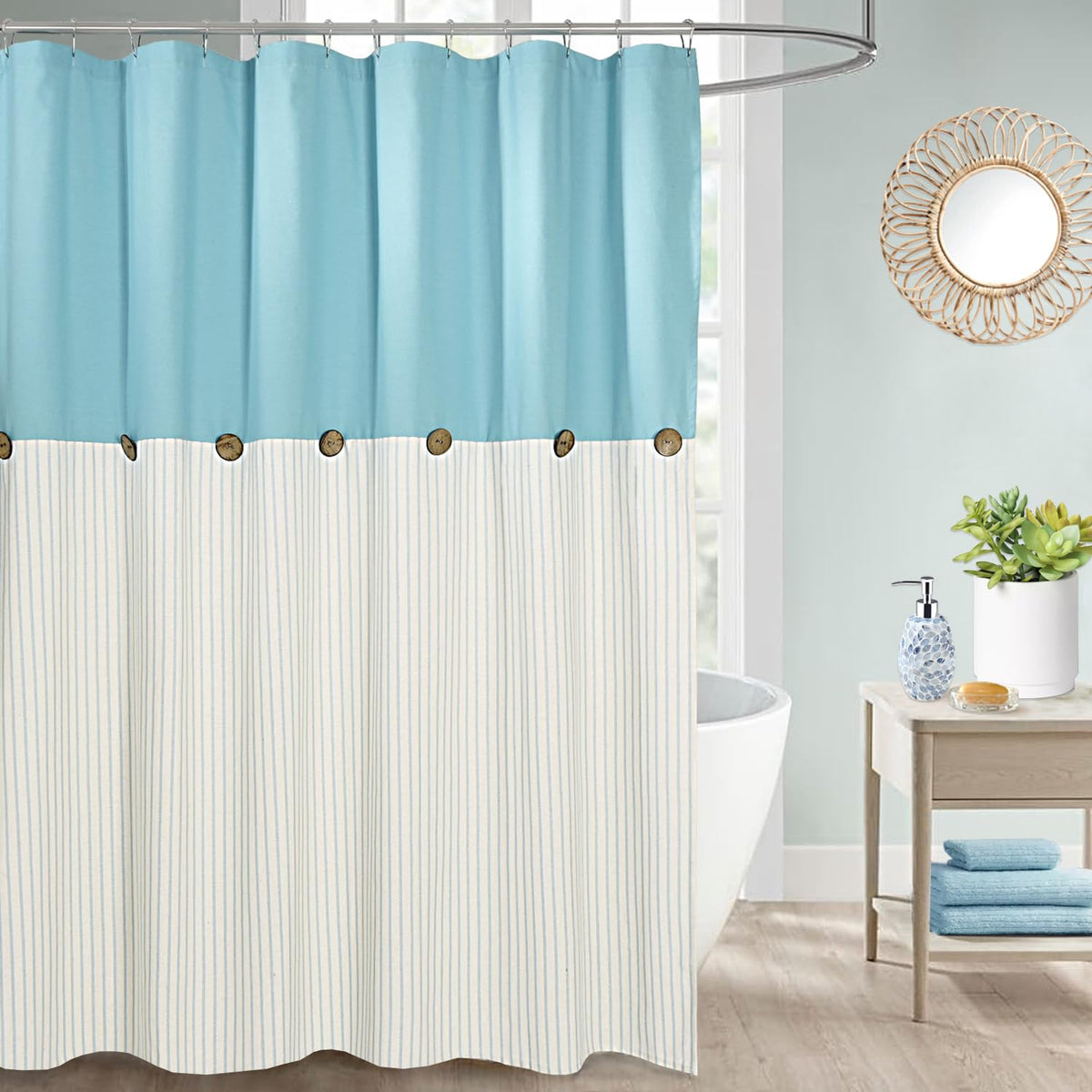 DOSLY ID?ES Farmhouse Teal Shower Curtain for Bathroom,Beige and Blue Stripe,Button Curtain,Cotton Blend Woven Fabric,Rustic Charm Country Chic