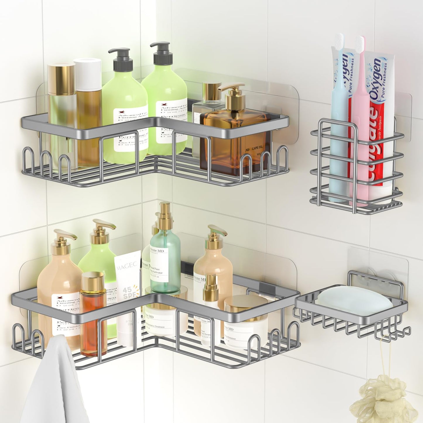 Shower Caddy 4 Pack Corner Shelf, Stainless Steel Bathroom Storage, Adhesive Shelf, No Drilling, Grey