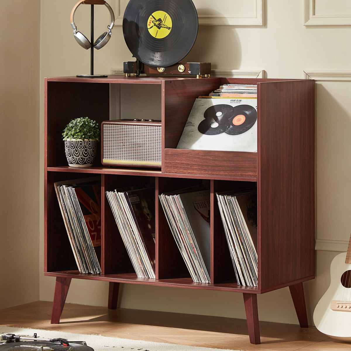 Large record stand with storage, record player stand with shelf, vinyl record holder with presentation surface, record stand for up to 300 albums