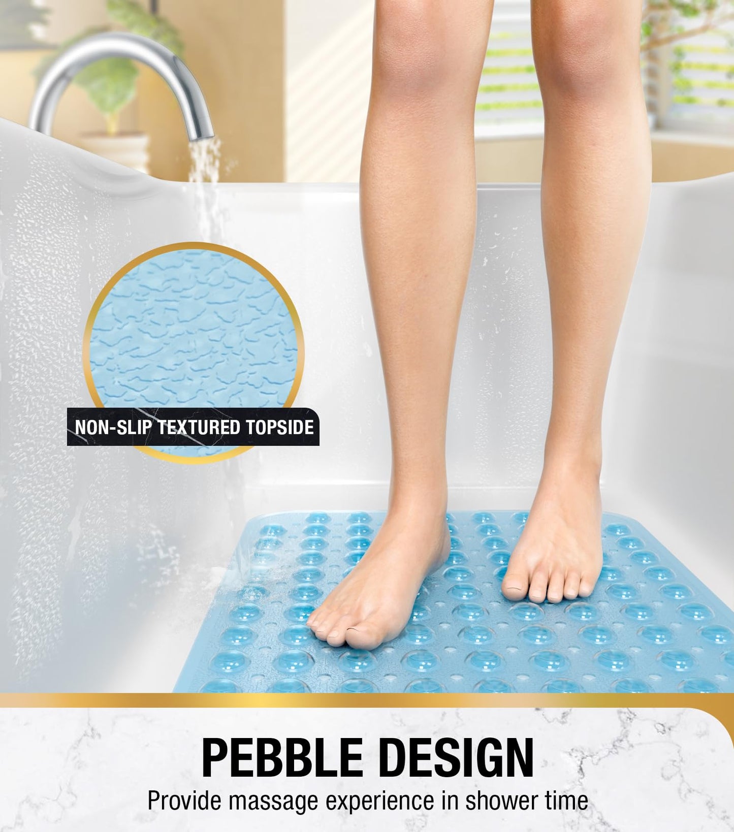 HITSLAM Non Slip Bath Mat for Tub, 101 x 40cm Extra Long Shower Mat Anti Mould, Machine Washable Bathroom Bathtub Mat with Suction Cups and Drain