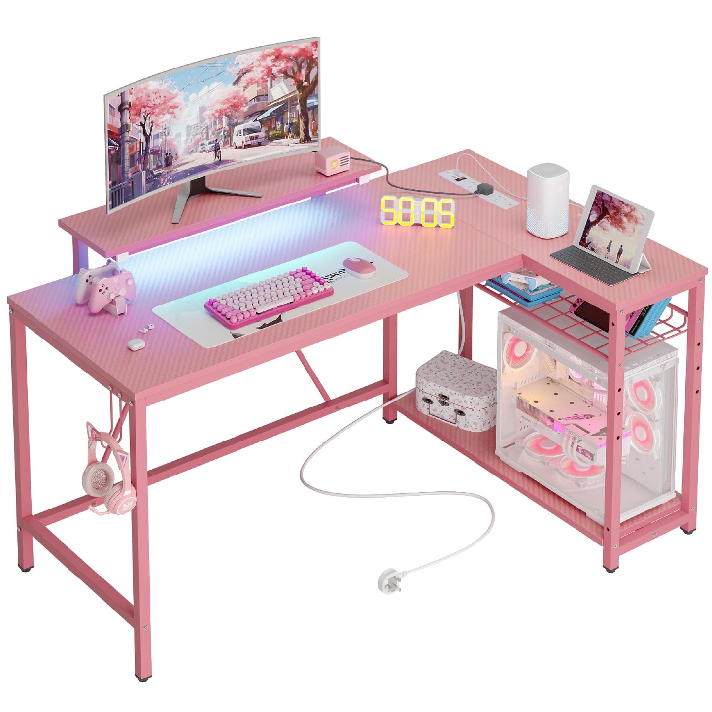 Bestier L-Shaped RGB Gaming Desk 132CM with Power Outlets & USB, Reversible Corner Setup with Shelves & Hooks