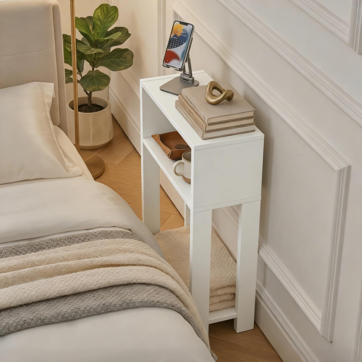 ZEXVIDA Narrow Side Table with Storage Shelf, 3-Tier Slim End Table & Nightstand for Bedroom, Living Room, Sofa Side Table for Small Spaces (White)