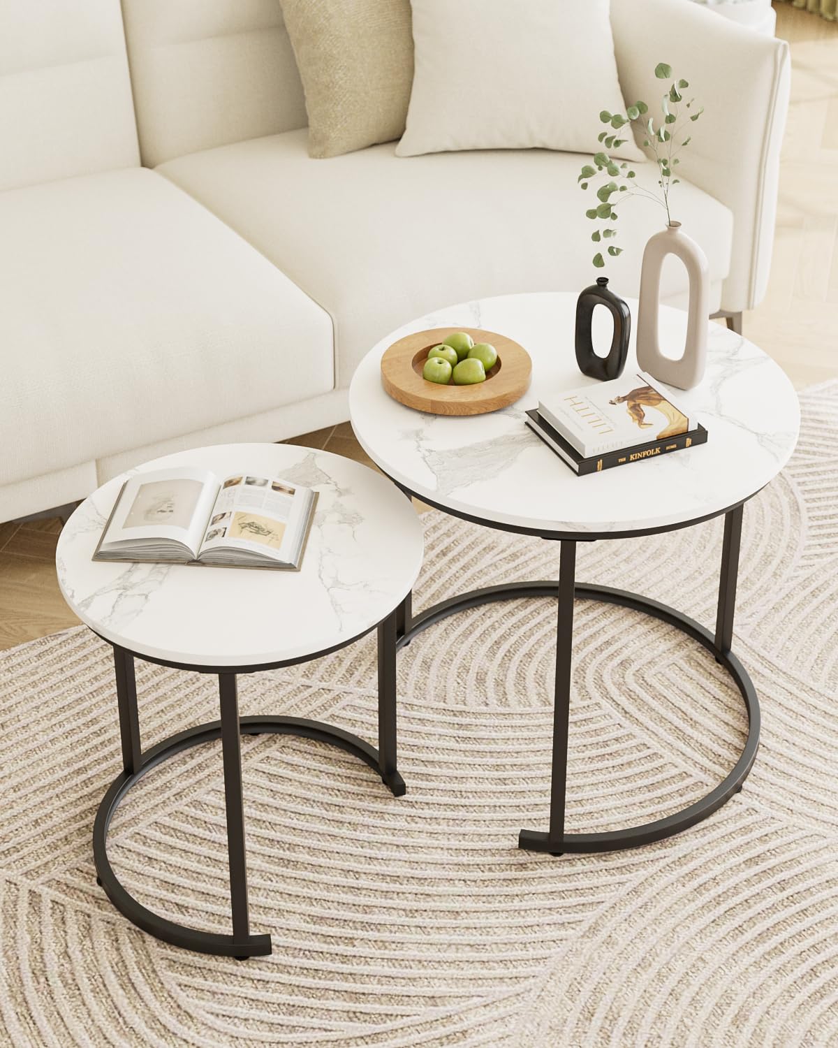 HEYZOEY Round Coffee Tables, Removable Set of 2 End Table, Nesting Table, Side Table with Black Metal Frame Legs and Marble White Top for Living Room