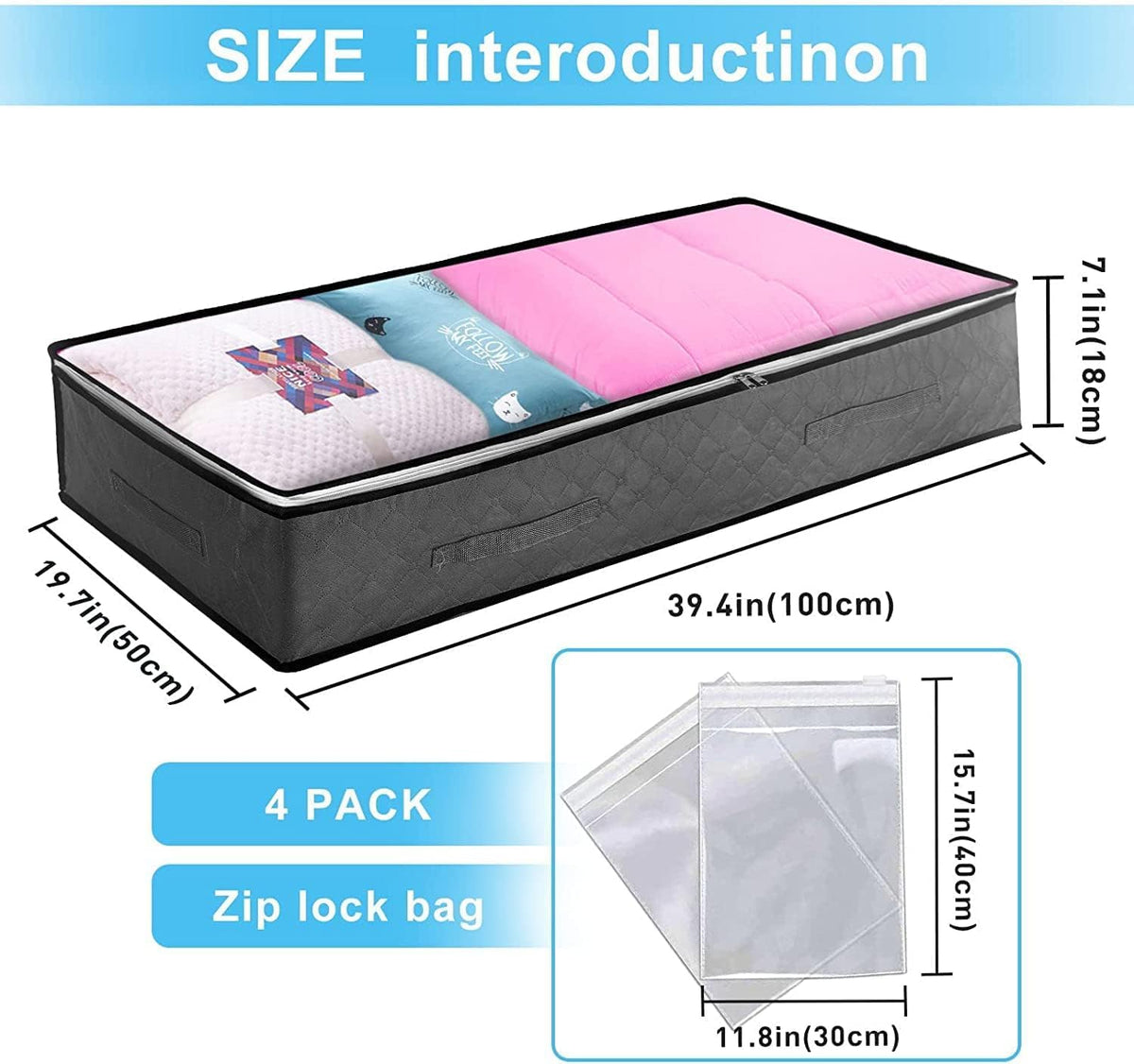 Novelistier Underbed Storage Box 4Pack 90L Large Under Bed Storage Bag with 4 x Large Zip lock Bags