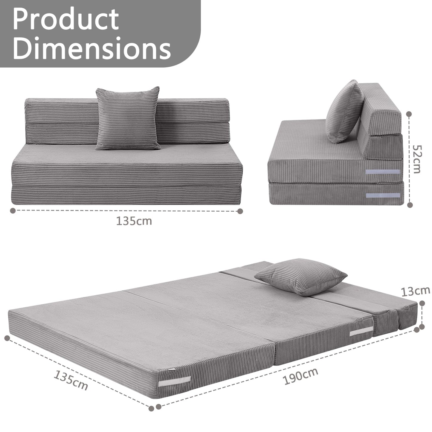 MeMoreCool Folding Mattress Double, Corduroy Fold Out Sofa Bed, Grey
