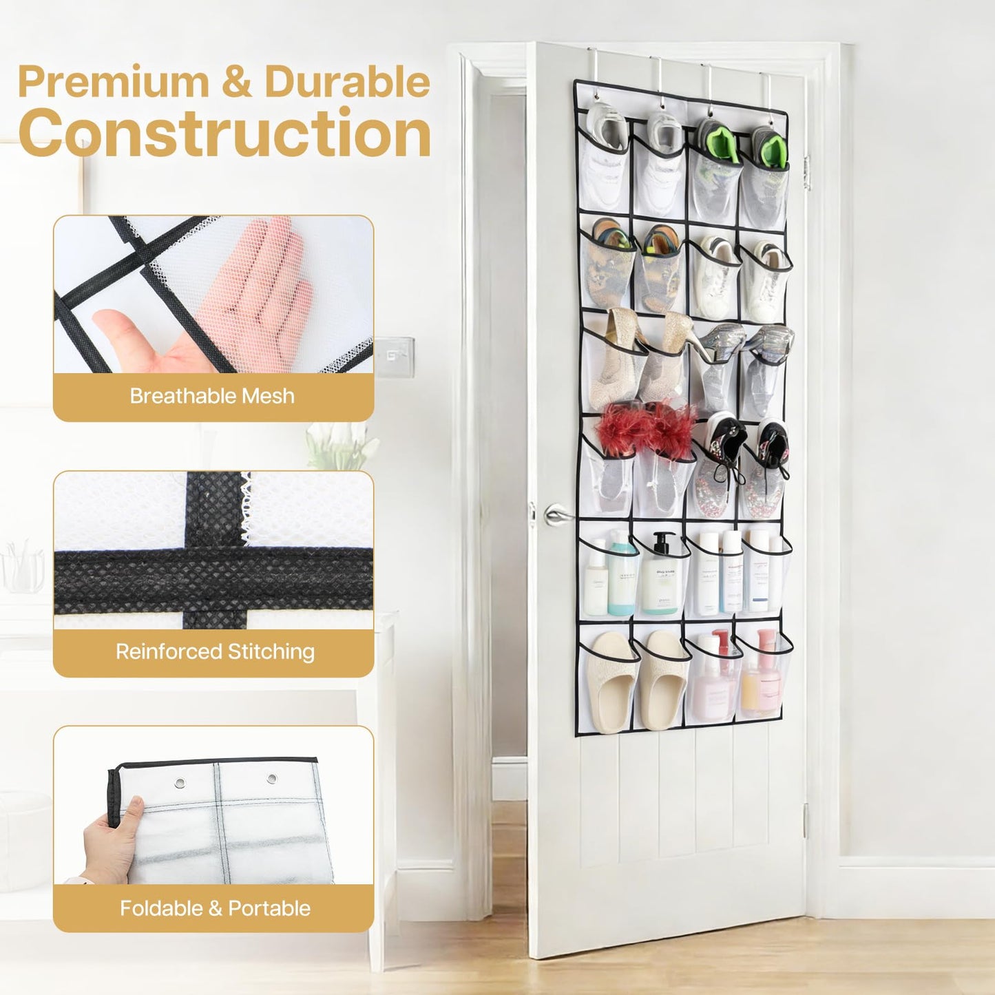 lafo Over Door Shoe Storage, Shoe Organizer with 24 Pockets, Hanging Storage for Closet, Bedroom, Bathroom, 4 Reinforced Hooks