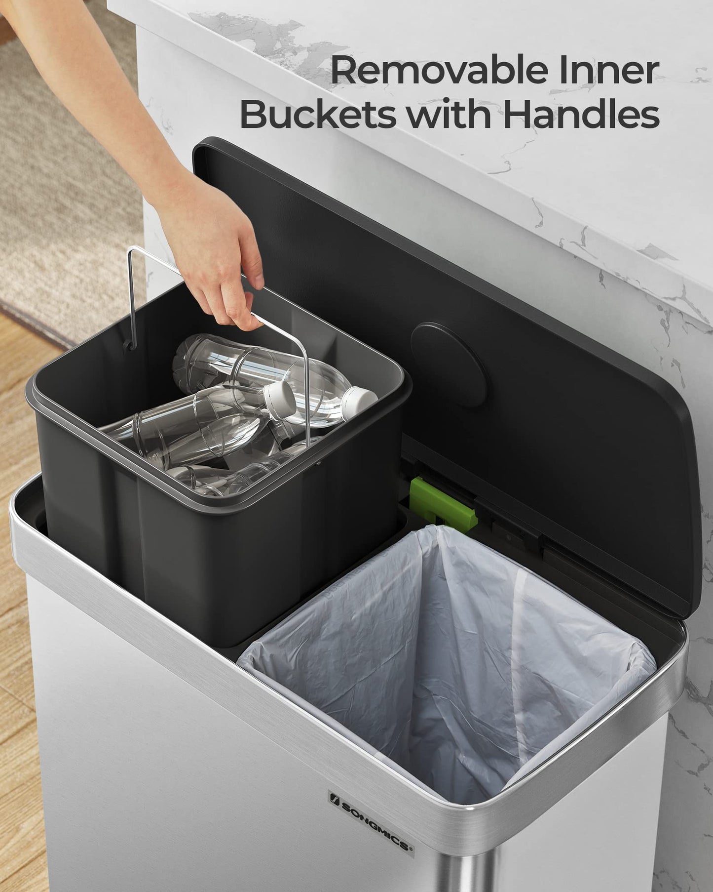 SONGMICS Kitchen Bin, 2 x 30L Stainless Steel Pedal Rubbish Bin with 15 Trash Bags, Recycling and Waste, with Plastic Inner Buckets, Lid, Soft