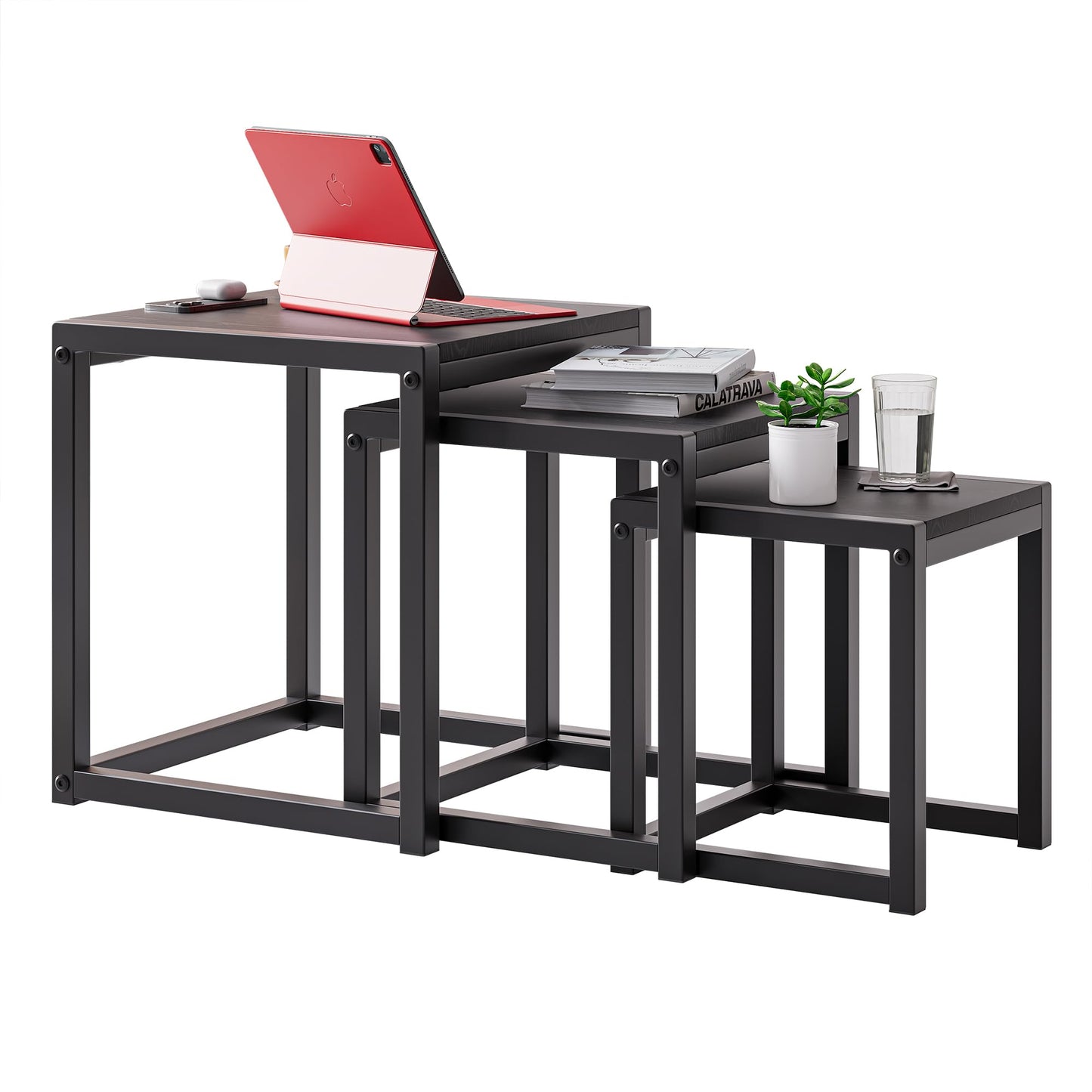DUMEE Nesting Tables Set of 3 Wooden Coffee Table Side End Tables Sturdy Steel Metal Frame Living Room Bedroom,Space Saving Stacking Nightstand