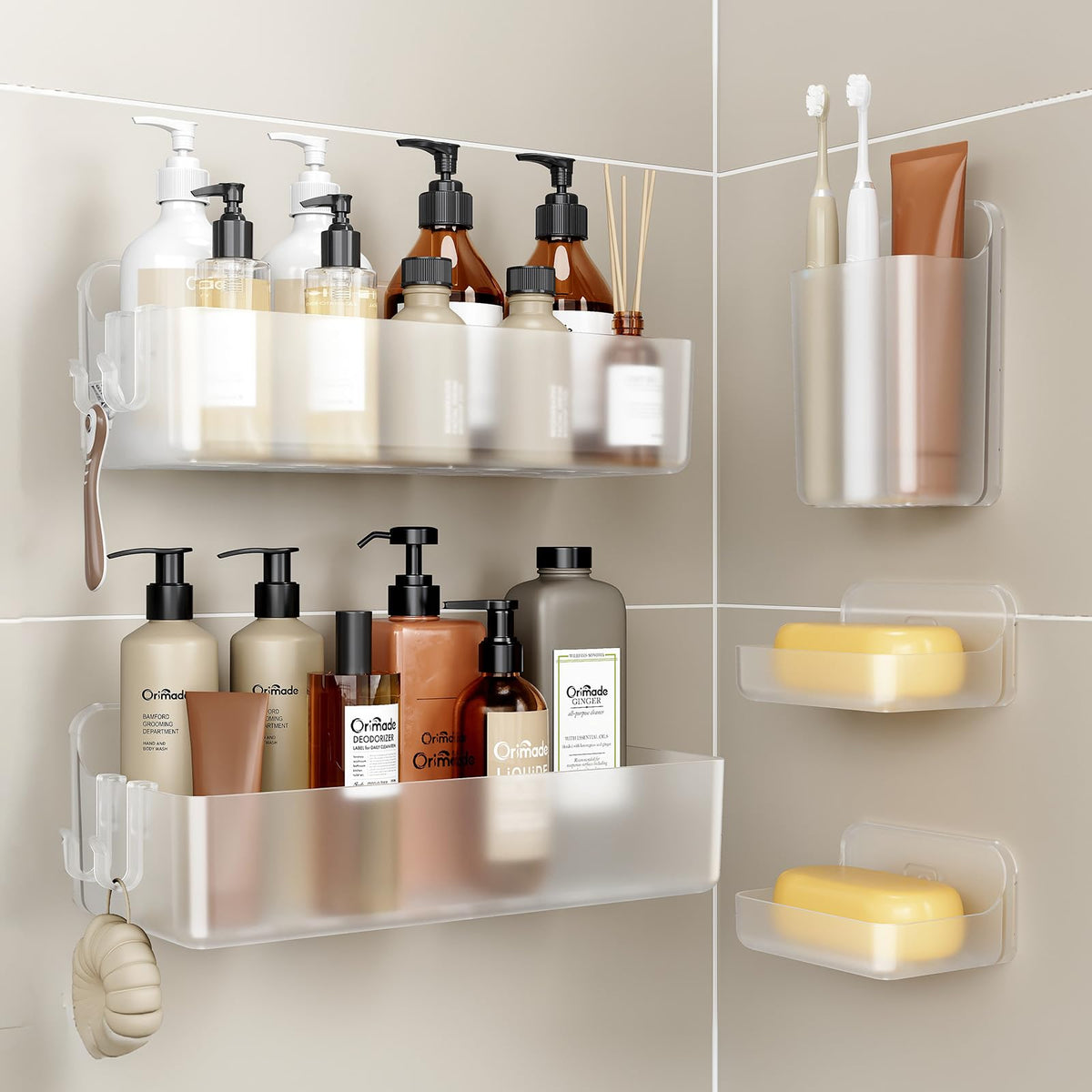 Orimade Shower Caddy-5 Pack Rustproof Bathroom Shelves No Drilling, ABS Plastic Shower Shelf Adhesive, Large Capacity,Quick-Dry, Clear