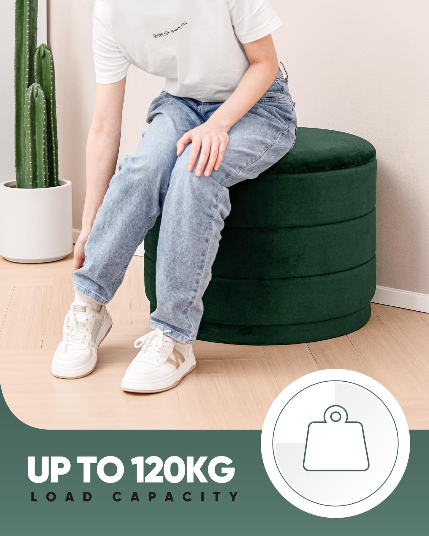 Bonlife Large Storage Ottoman Round - Folding Foot Rest with Hidden Storage, Bottle Green Velvet 58x58x44cm for Living Room, Bedroom & Hallway