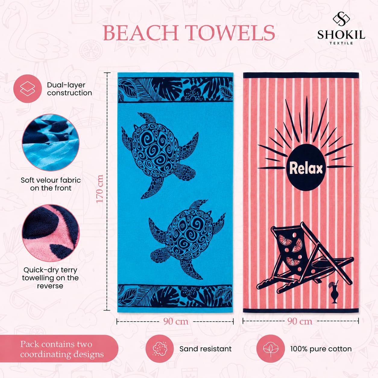 Large Egyptian Beach Towels For Adults 100% Cotton - Pack of 2