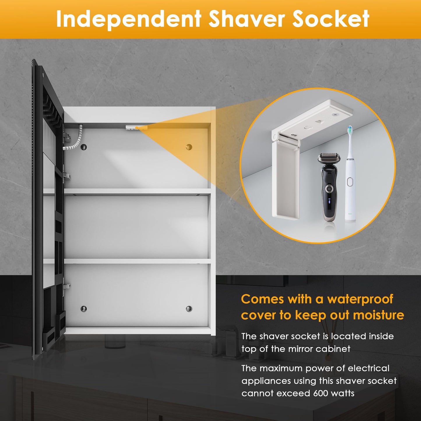 ELEGANT LED Bathroom Mirror Cabinet with Shaver Socket, Grey, 480x700mm