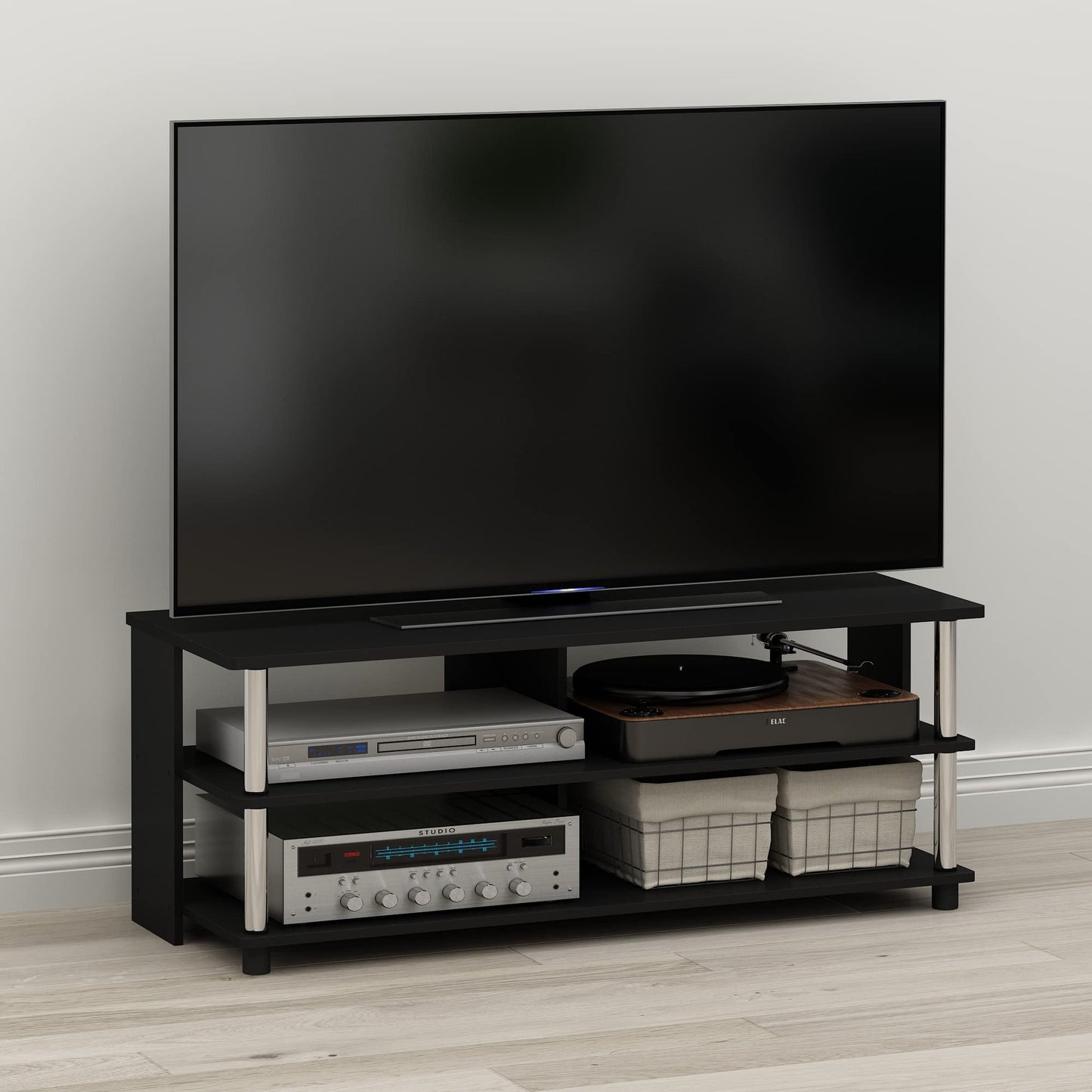 Furinno SULLY TV Stand, 3-Tier Rectangular Entertainment Center with Open Shelf, TV Console for TV up to 48 Inch, Open Frame for Cable Management