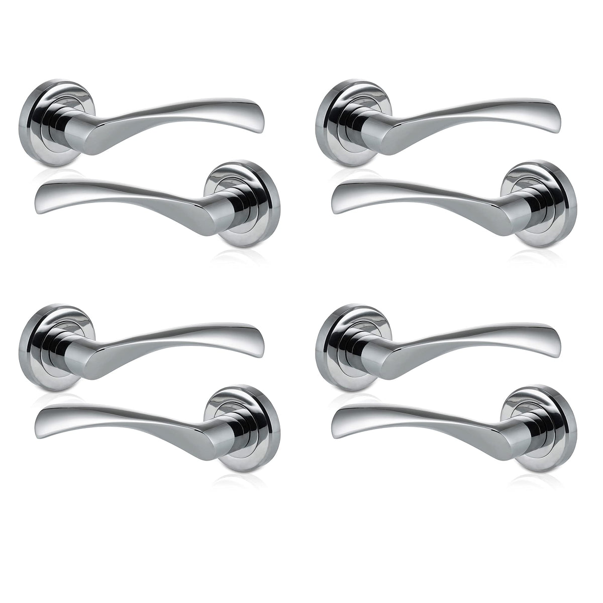 XFORT 4 Pack Door Handle on Rose, Warped Lever Door Handles in Polished Chrome Finish, Internal Lever Handle, Used as Internal Door Handles with a