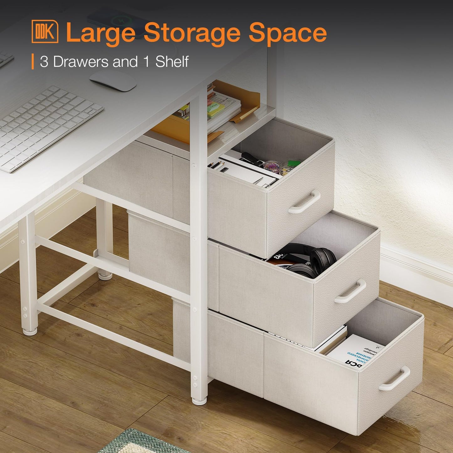 ODK Computer Desk with Drawers, 100cm Office Desk with Sockets, White