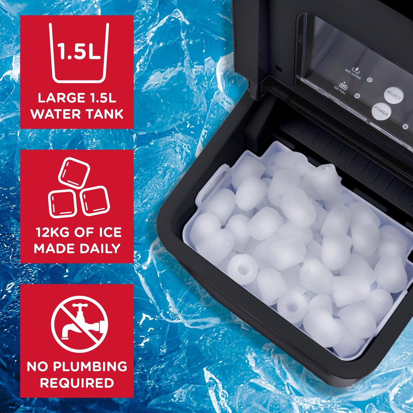 Sensio Home Ice Cube Maker Countertop Machine 9 Ice Cubes in Minutes, 12KG of Ice in 24 Hours, Large & Small Ice, Self Cleaning, With Ice Basket &