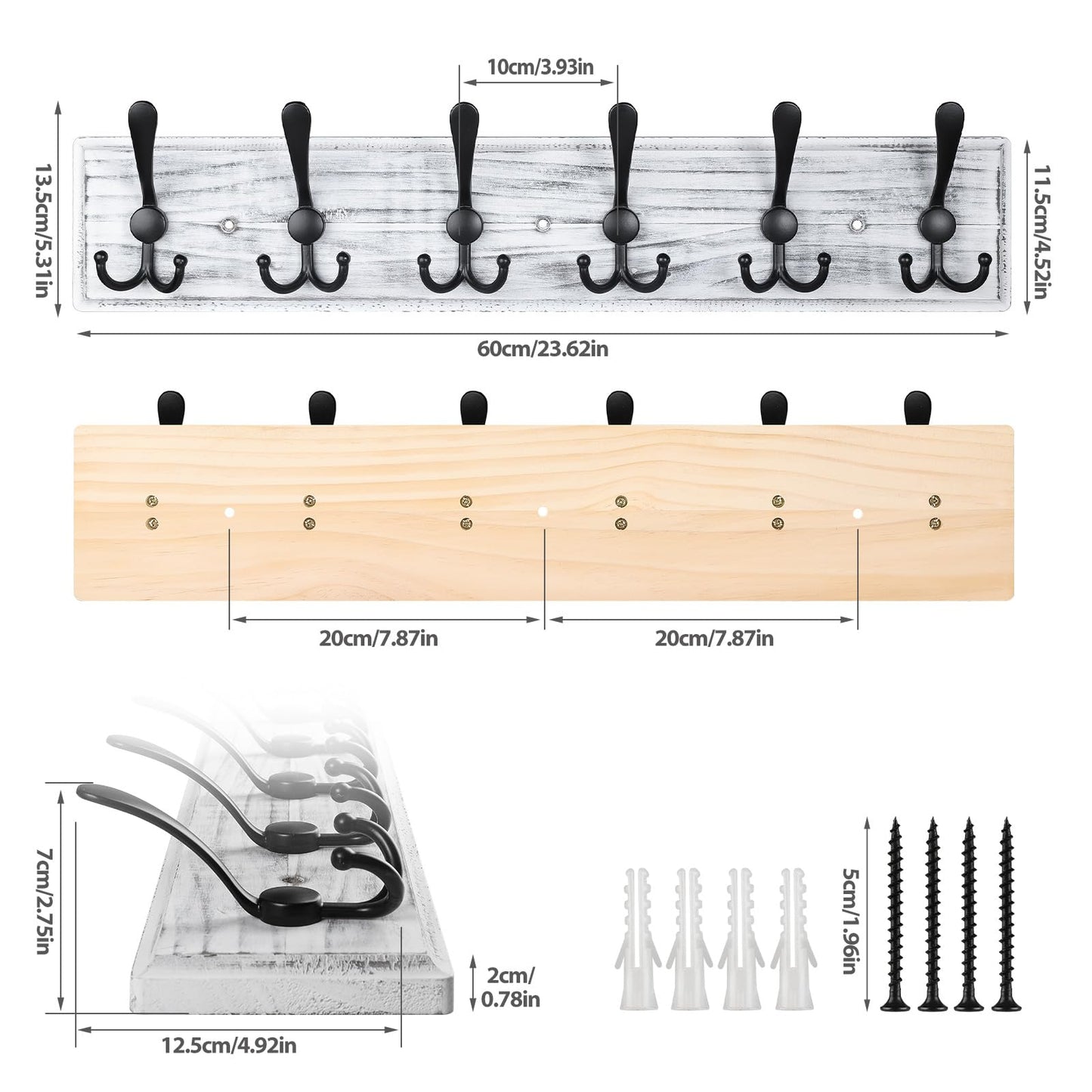 PHINGEER Wall Mounted Coat Hooks, Wooden Heavy Duty Coat Rack for Wall,6 Triple Coat Hanger Hooks for Hanging Coats,Jacket,Hat,Clothes(Grey White, 6