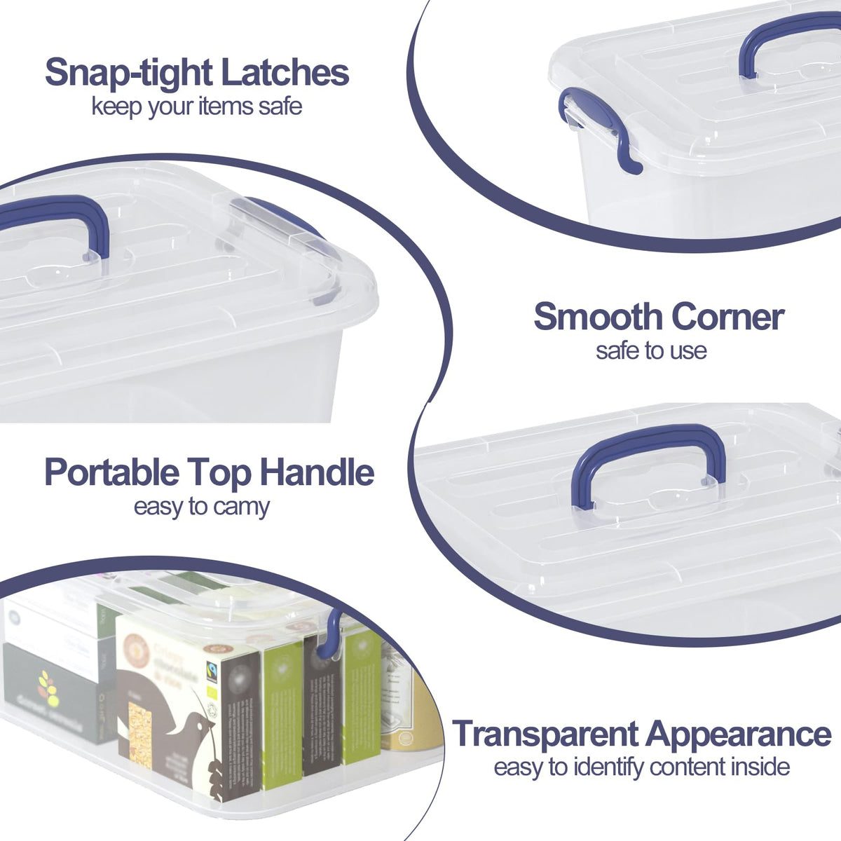 Ziglous 8 Litre Clear Storage Boxes with Lids and Handles, 6 Packs, Blue