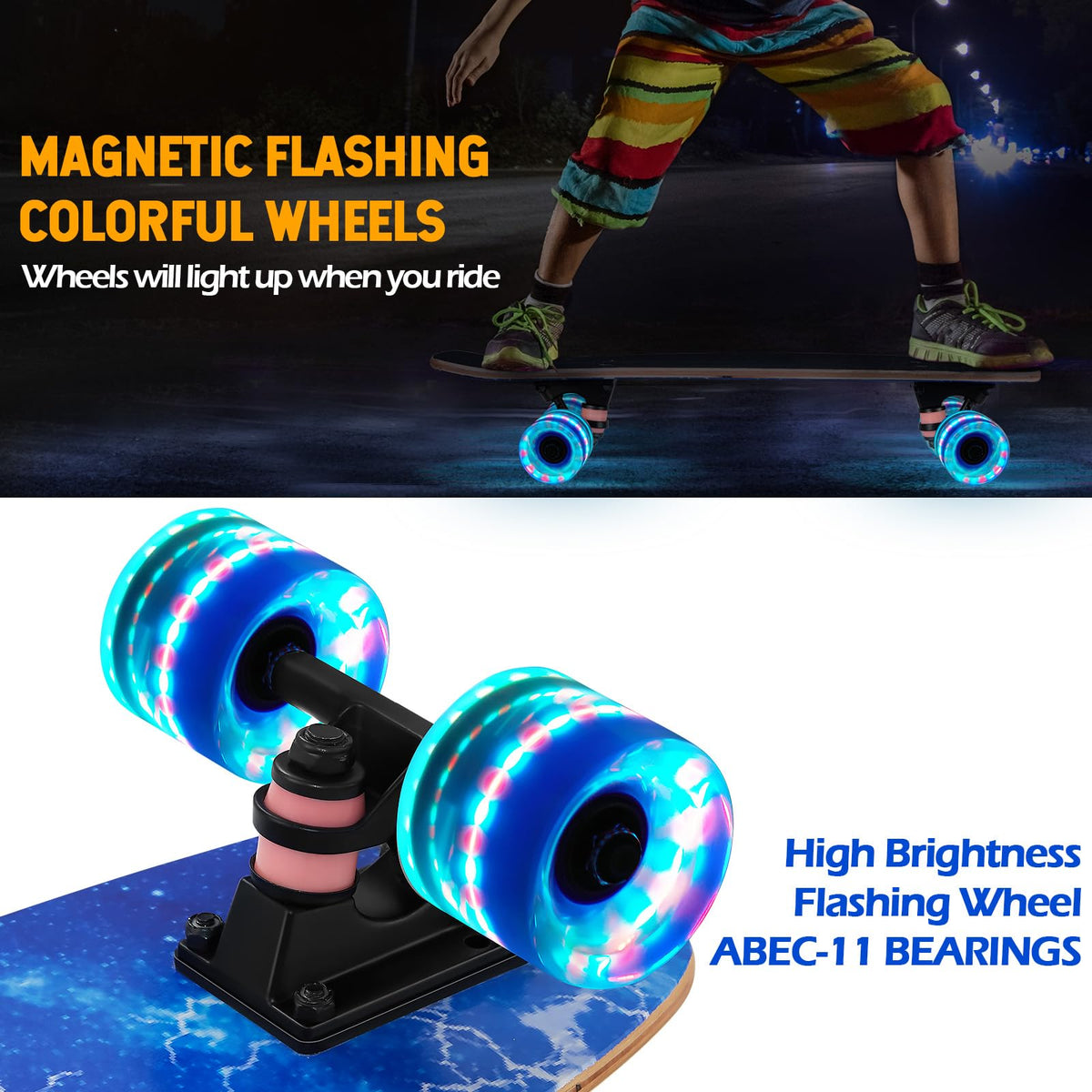 GIEEU Skateboards with Colorful Flashing Wheels for Beginners, Kids, Teens, Adults, 21.8" x 6.1", Complete Standard Skateboards, 9 Layers Maple Deck,