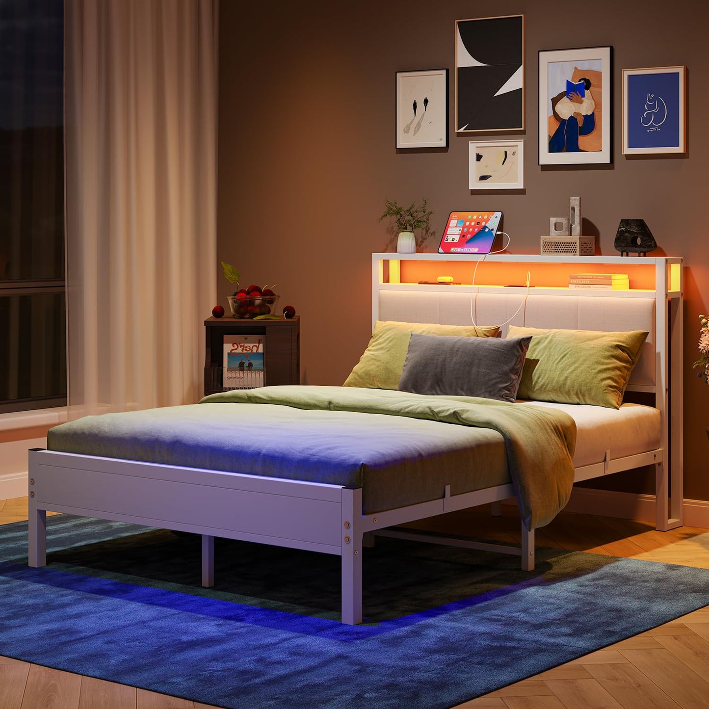 FOUBAM 4FT6 Small Double Bed Frame with Storage Headboard, White