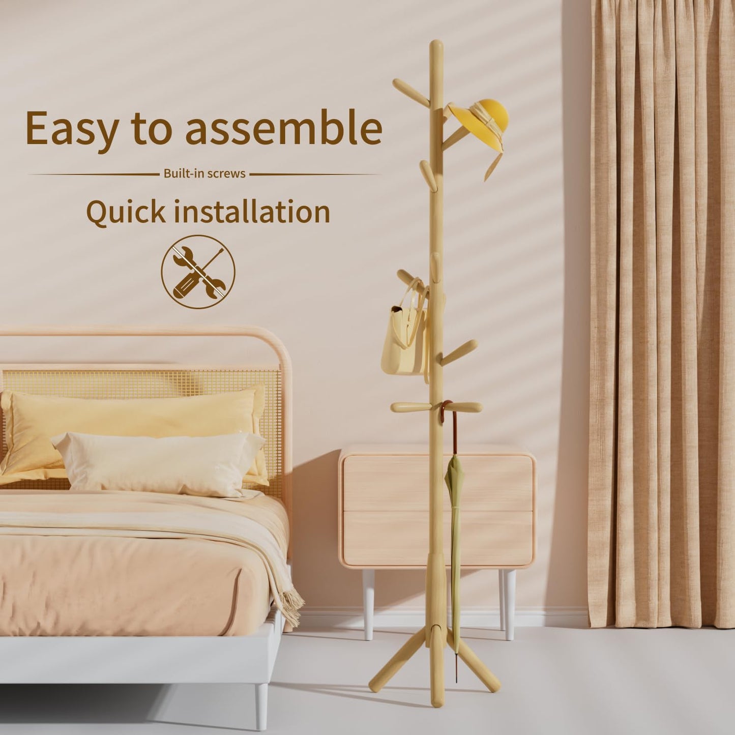 Solid Wood Coat Rack, Freestanding Tree-Shaped Coat Rack with 11 Hooks, Main Pole 1.6" dia for Clothes, Hat Stand Used in Bedroom/Office/Entryway