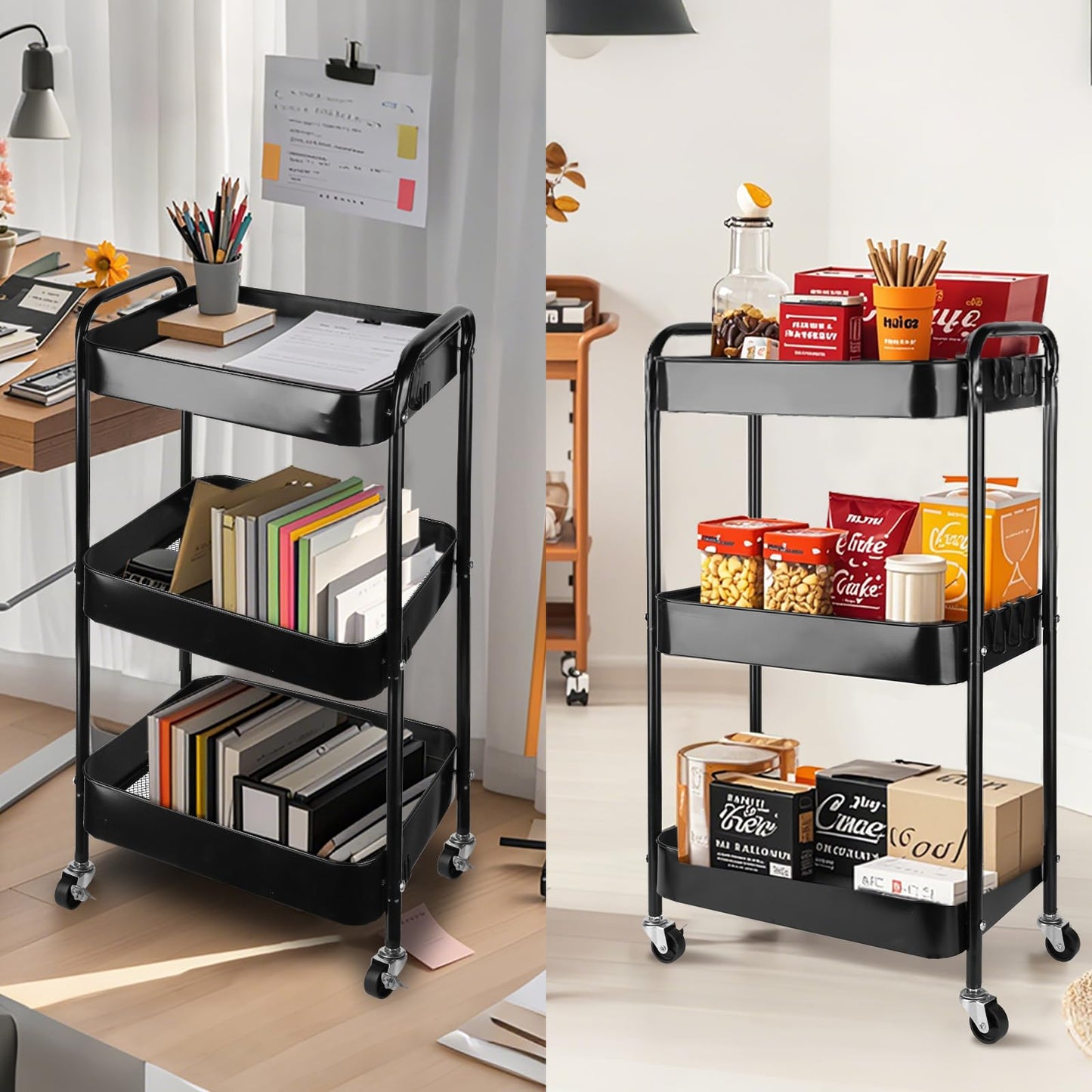 Viuxule Storage Cart, 3 Tier Metal Trolley Cart with Wheels, Black Rolling Utility Cart for Kitchen, Bathroom, Office, Bedroom
