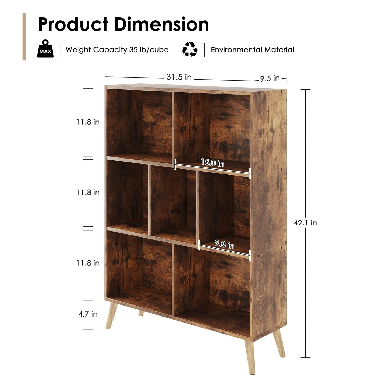 CAIYUN 7 Cube Bookshelf, 3 Tier Modern White Bookcase with Legs, 31 inch Wooden Book Shelf, Toy Storage Organizer