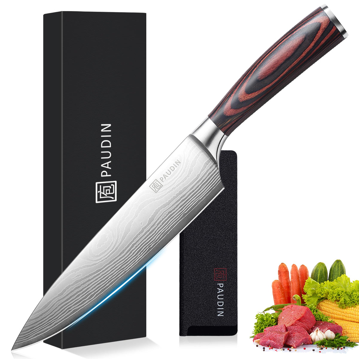 PAUDIN Chef Knife, Kitchen Knife 8 inch Professional, Ultra Sharp Chefs Knife with Long Lasting Blade, High Carbon Stainless Steel Chopping Knife,