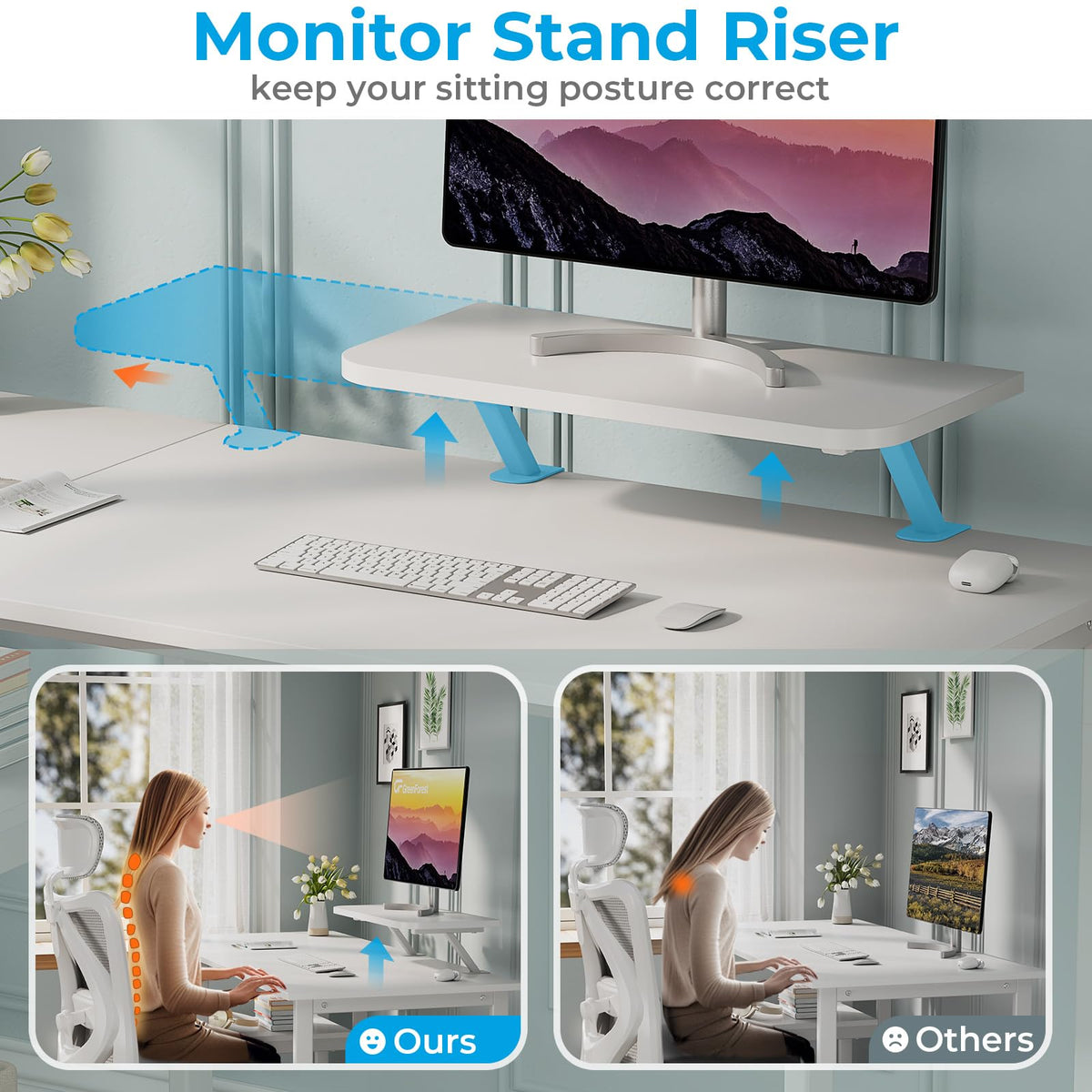 GreenForest Office Desk 140cm with Monitor Stand, Full White