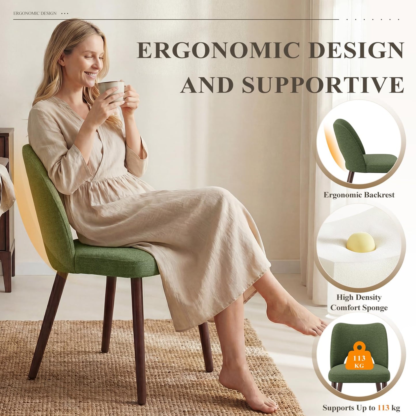 MALOL Upholstered Dining Chairs Set of 6, Fabric Chairs for Dining Room with Solid Wood Legs, Hollow Backrest and Thick Seat Cushion