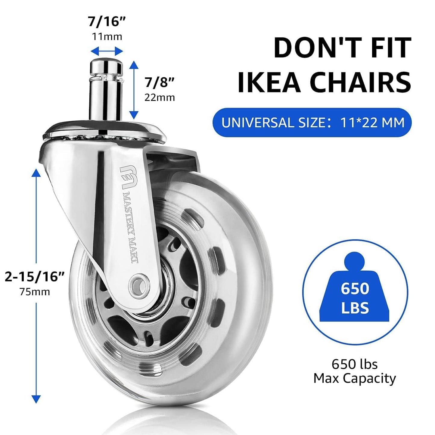 Mastery Mart Office Chair Wheels Replacement 11x22mm, Rollerblade Style Office Chair Castors for Hardwood Floors, Ultra Heavy Duty, Quiet Smooth