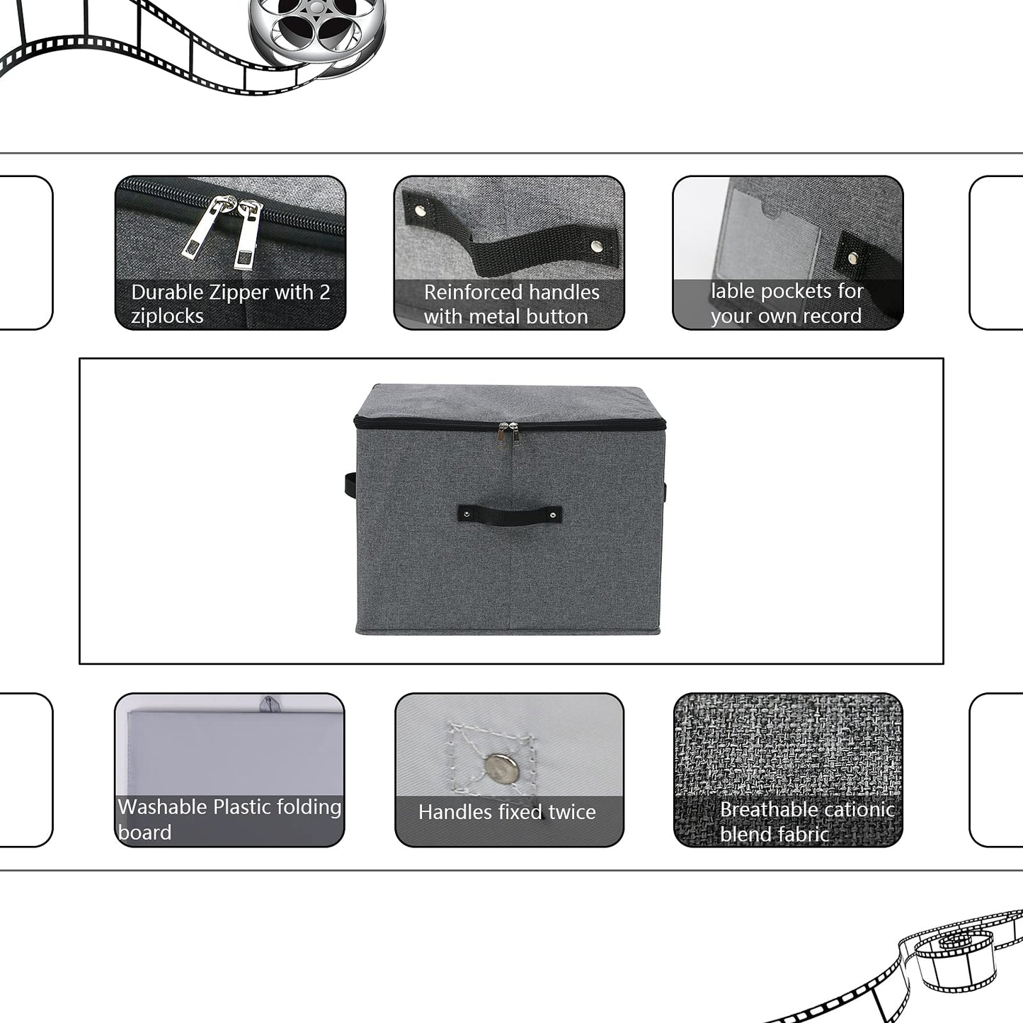 Foldable Fabric Storage Box with Zipper lid, handle, Blankets Clothes Quilts Storage Basket Organizer for Bedroom Closet Shelf, 44×33×31cm, Black Grey