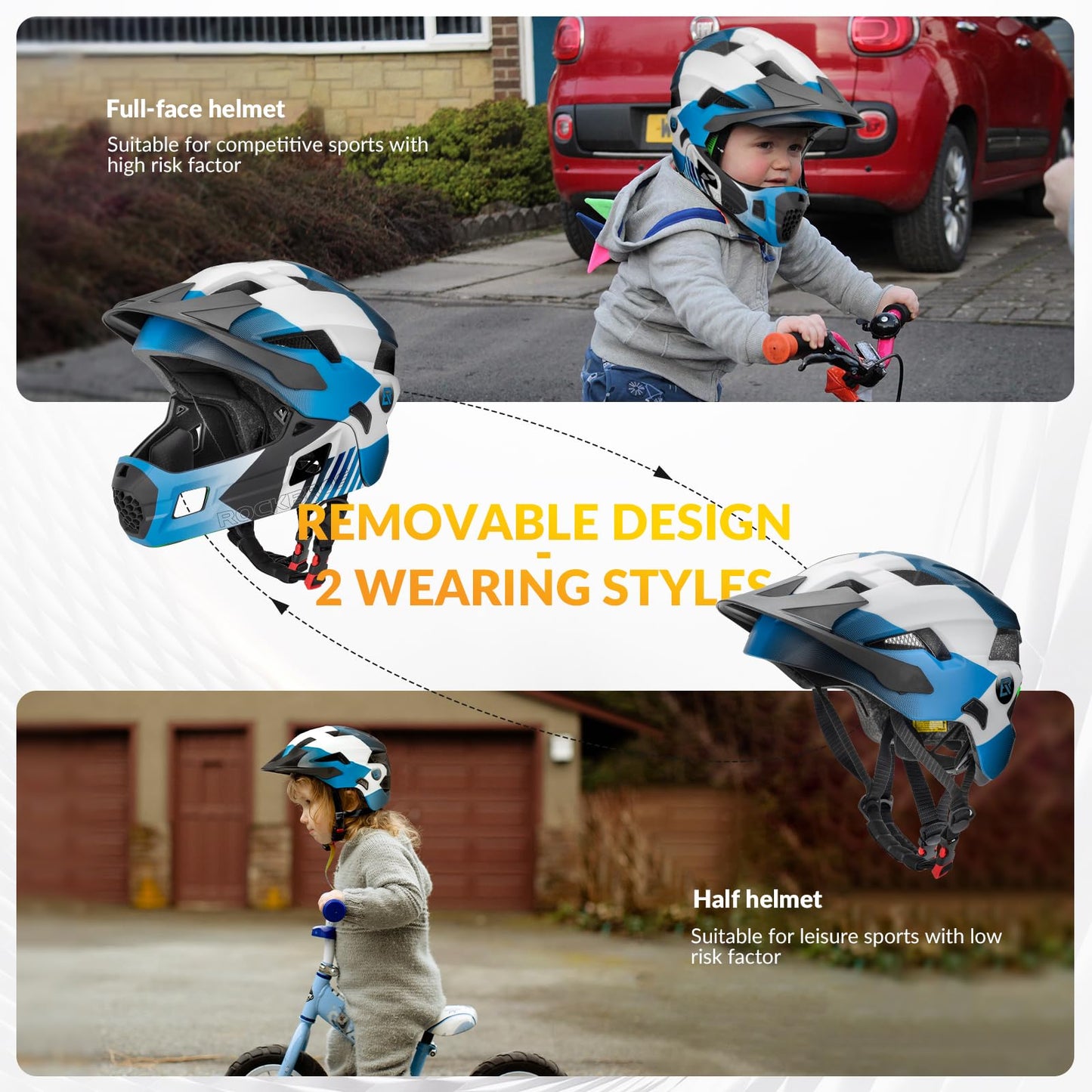 ROCKBROS Kids Helmet Toddlers Bike Helmet Full Face for Baby Child Youth BMX MTB Scooter Roller Skating Skateboard Adjustable Breathable Safety Crash