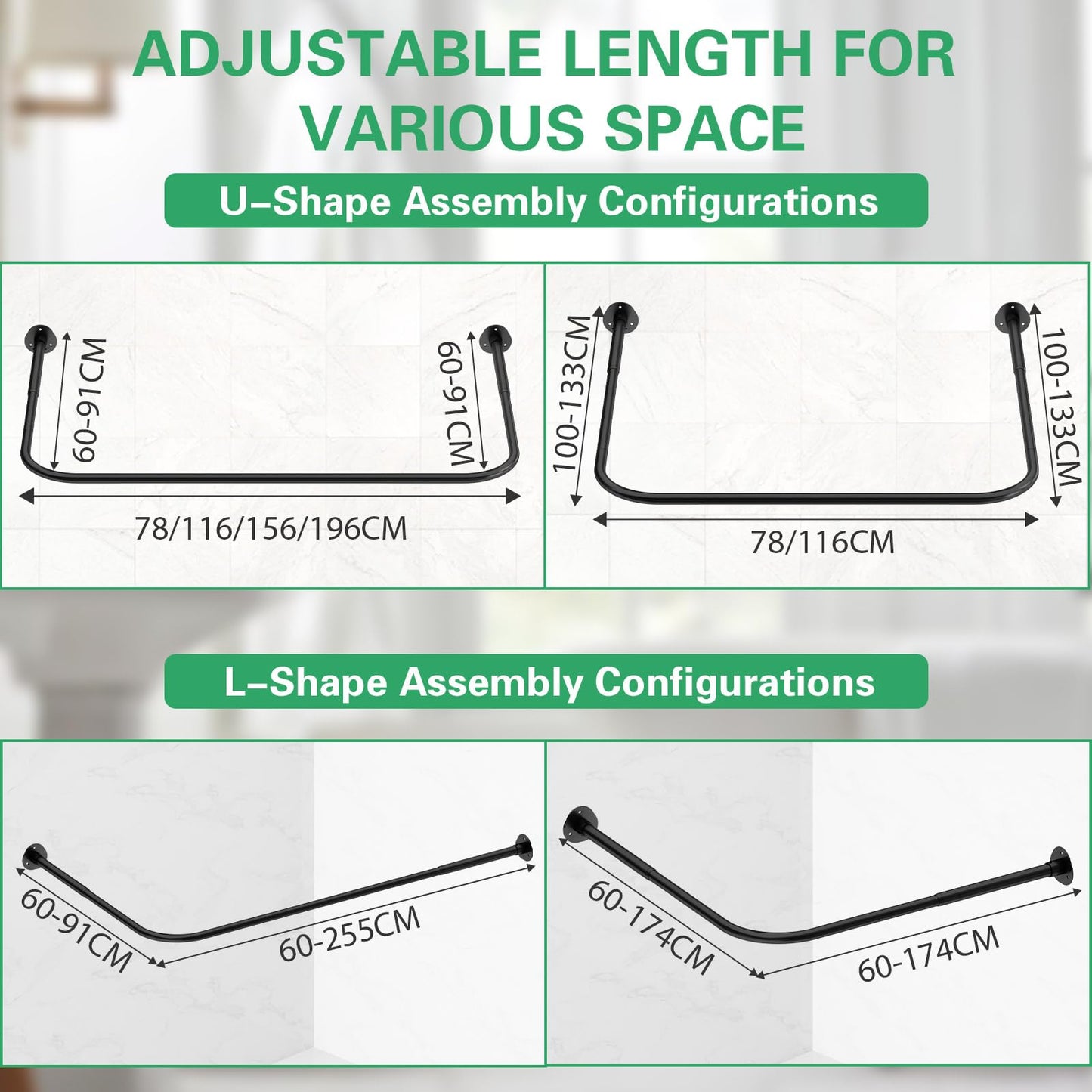 U Shaped/L Shaped Shower Curtain Rail, (60-91) X (78-196) X (60-91) cm Adjustable Curved Shower Curtain Pole With 12 Rings & Ceiling Support For