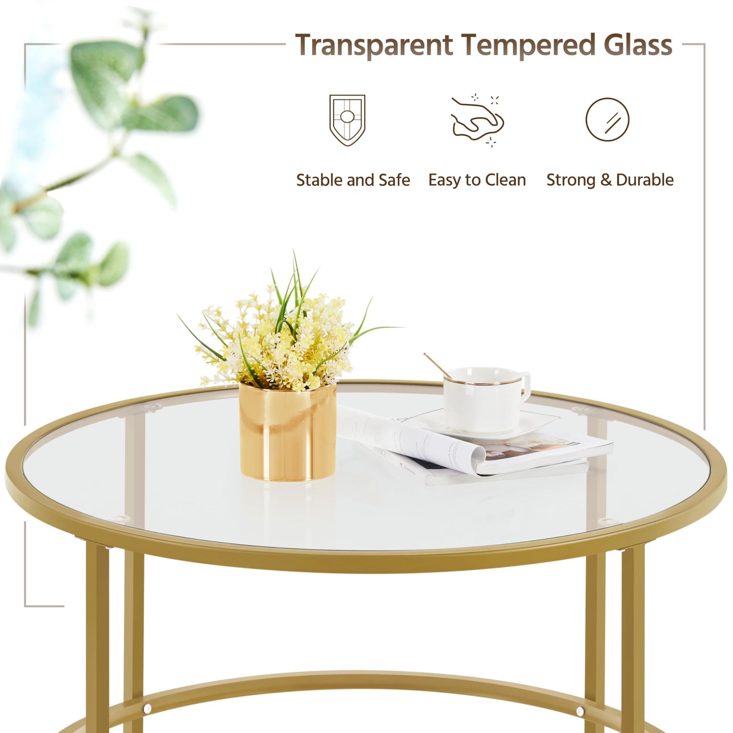 Yaheetech Round Coffee Table Tempered Glass Metal Structure Mustard Gold