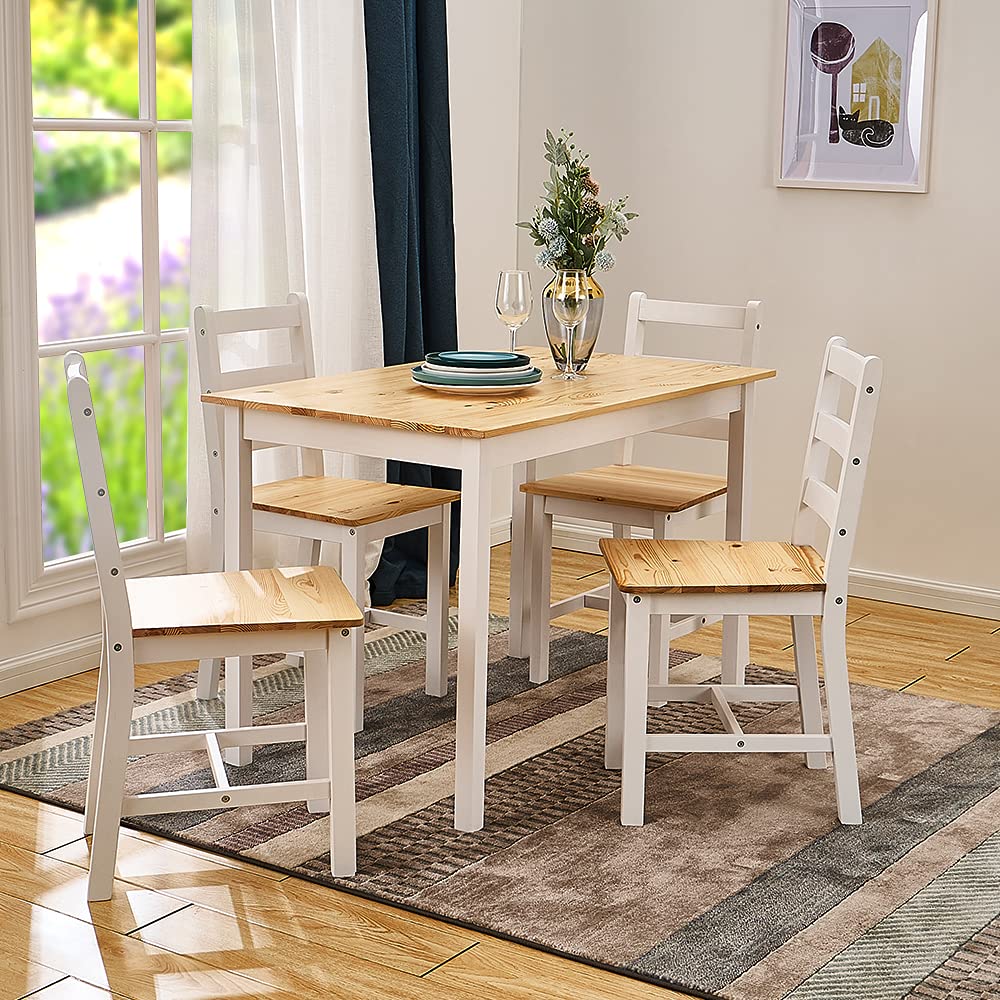 Panana Pine Wood Dining Table and 4 Chairs Set, 5-Piece Home Kitchen Furniture Set (Natural White)