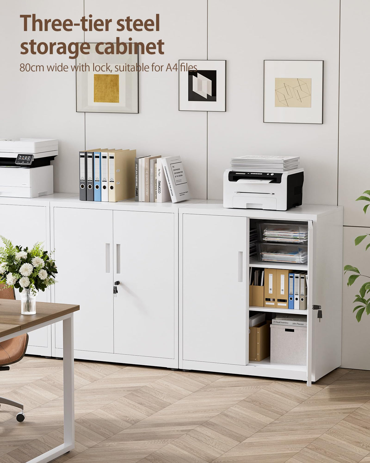 LAND·VOI Steel Storage Cabinet, 3-Tier Lockable Cabinet with Adjustable Shelves, Double-Door Cupboard Storage, For Home, Office Storage, 40×80×91.5cm