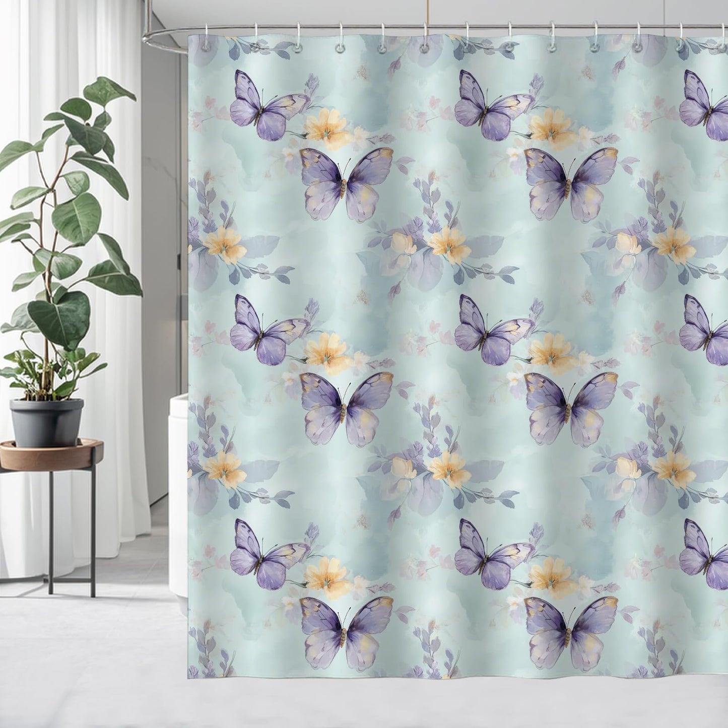 Shower Curtain Blue Mould Proof Resistant Waterproof Butterfly Floral Bathroom Curtains with 12 hooks Quick-Drying Weighted 200x200cm (78.7x78.7Inch)