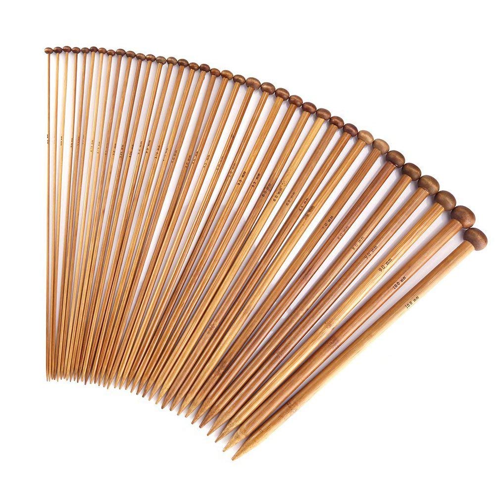 18 Pairs Bamboo Knitting Needle Set 18 Sizes 2-10 mm, Smaller and Larger, Length 35 cm, Single Pointed Knob Top, Comfortable Wooden Knitting Needles