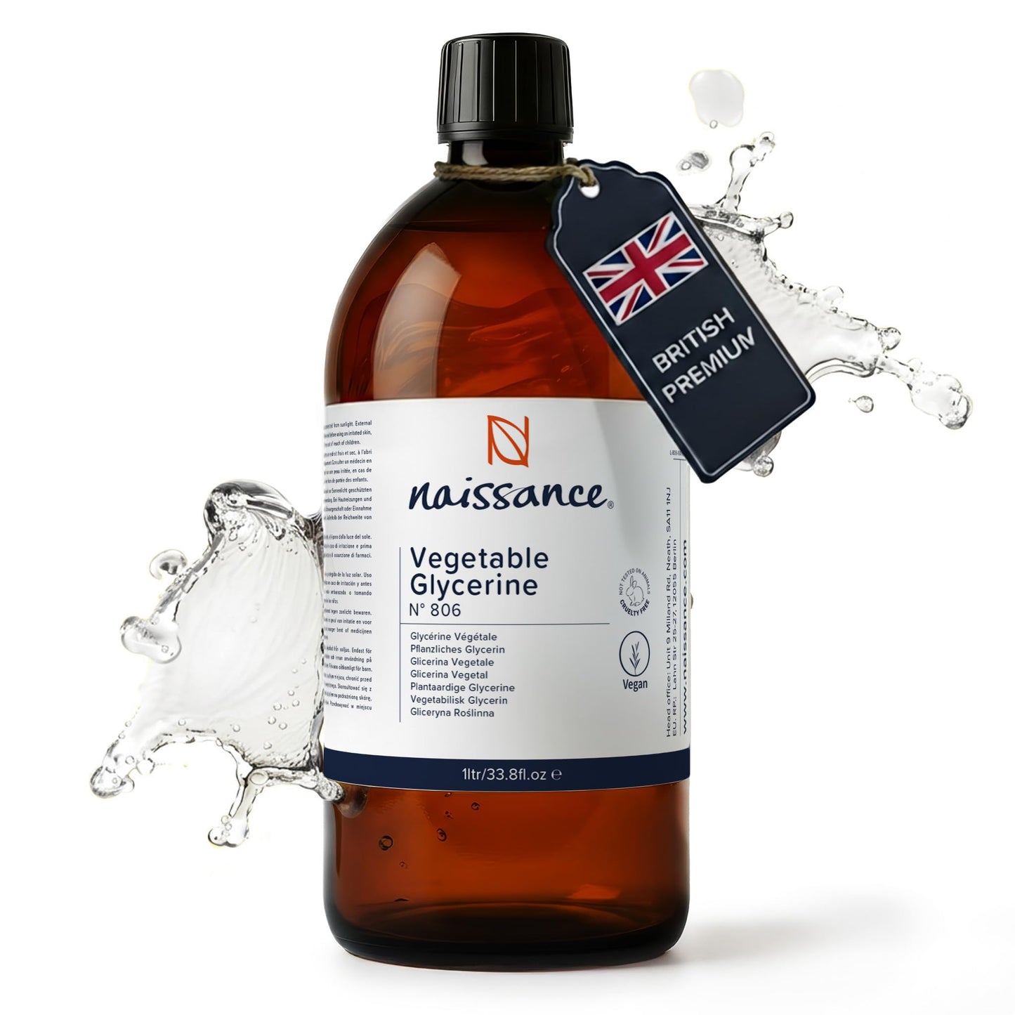 Naissance Vegetable Glycerine (Glycerol) Liquid (no. 806) 1 Litre - 100% Pure & Natural Glycerin, Premium EP/BP/USP Pharmaceutical Grade, Natural