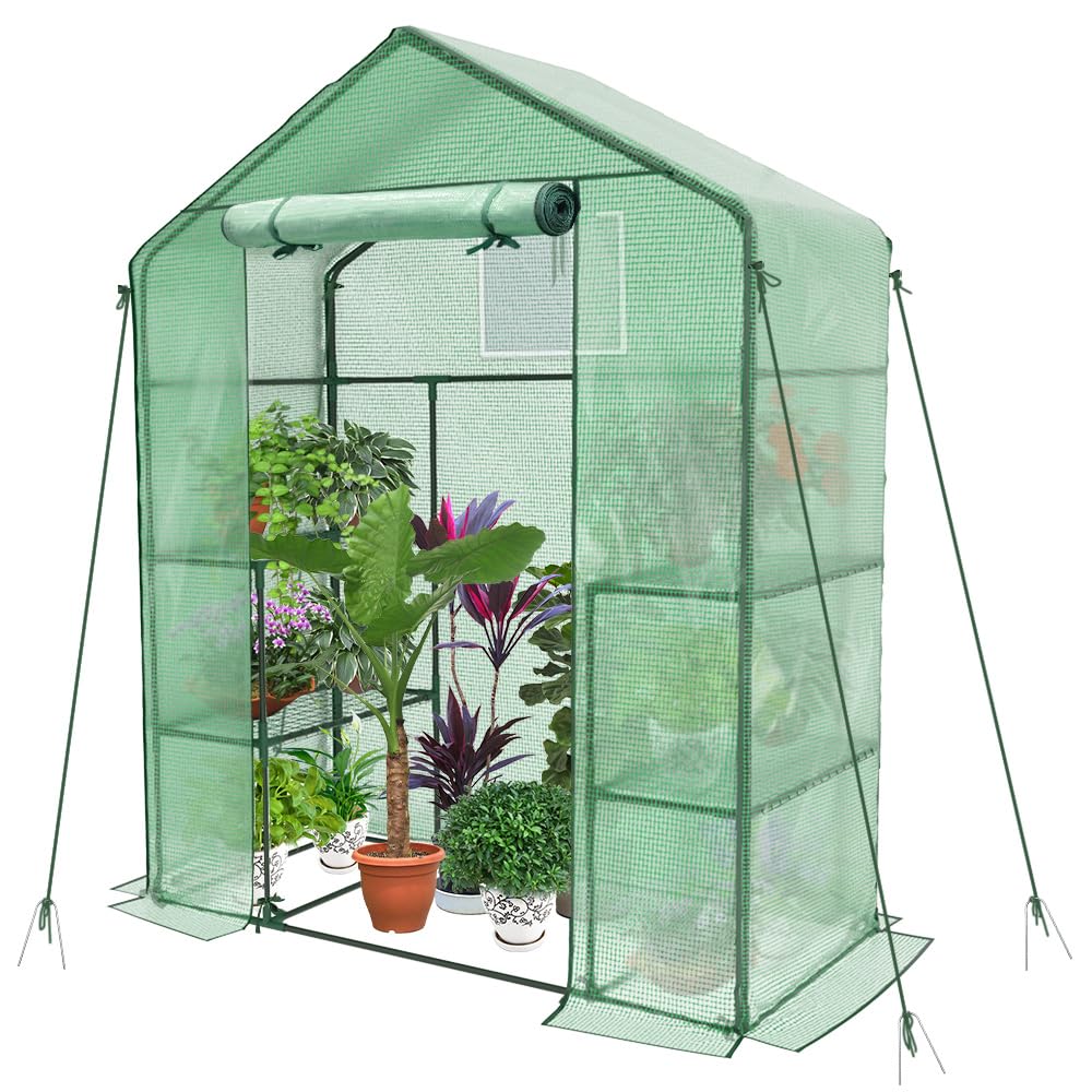 VOUNOT? Walk In Greenhouse with Shelves, Portable Plastic Green House for Garden & Outside, Large Growhouse, Green 143x73x195cm