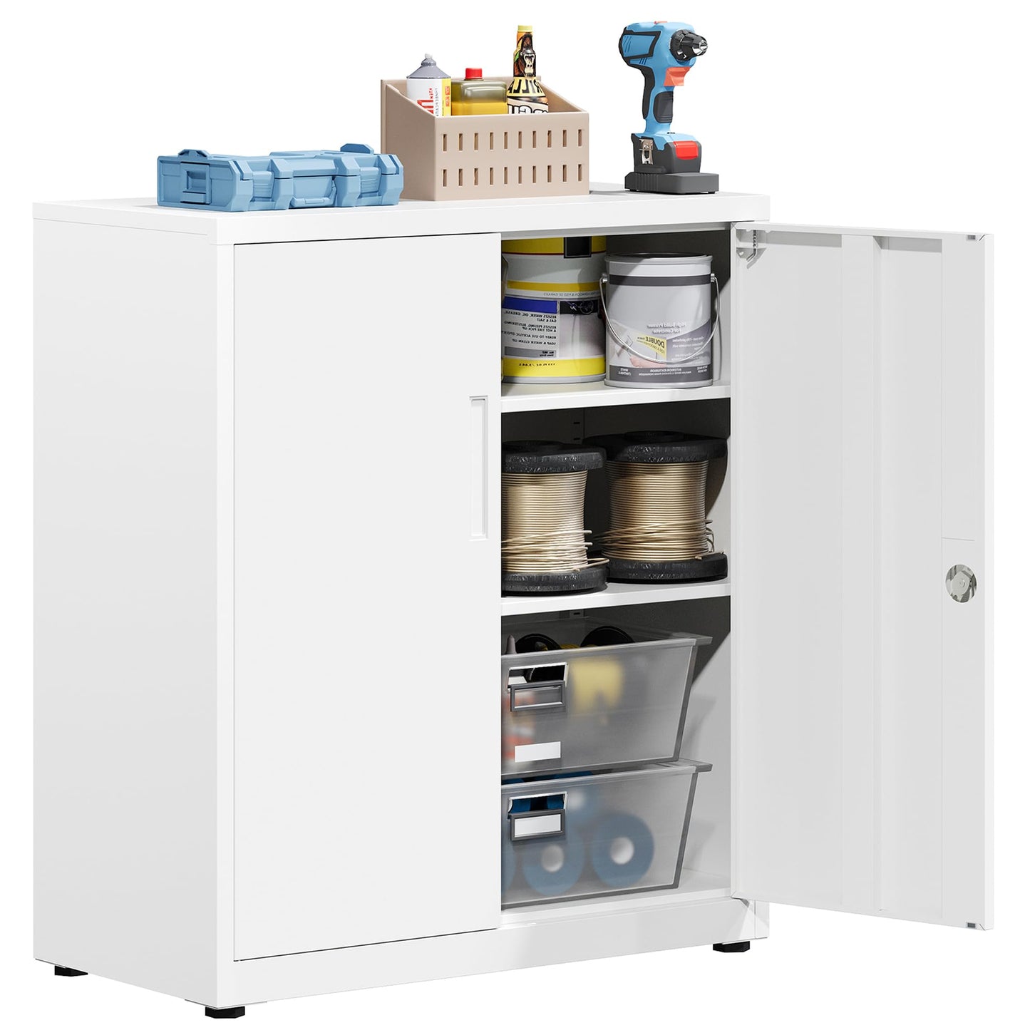 HOMSTEEL Metal Storage Cabinet, Locking Garage Cabinet, 3-Tier Office Cabinet with Adjustable Shelves, Cupboards for Office, Garage and Utility Room