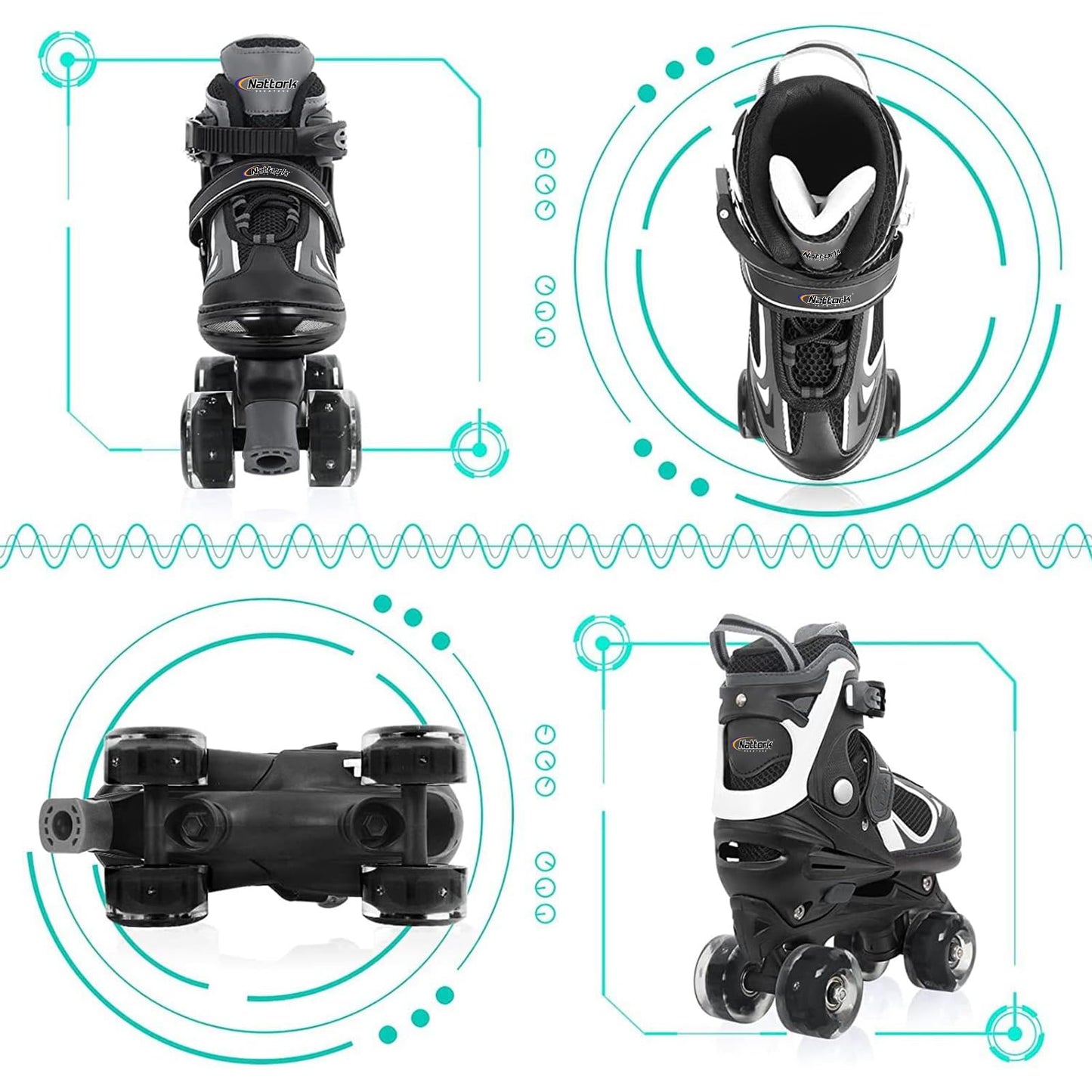 Nattork Kids Roller Skates for Boys Girls, 4 Sizes Adjustable Roller Skates with All Light up Wheels, Full Protection for Children's Indoor Outdoor